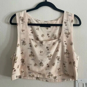 O.P.T. Linen Blend Pink Pastel and Palm Tree Square Neck Crop Top Size L